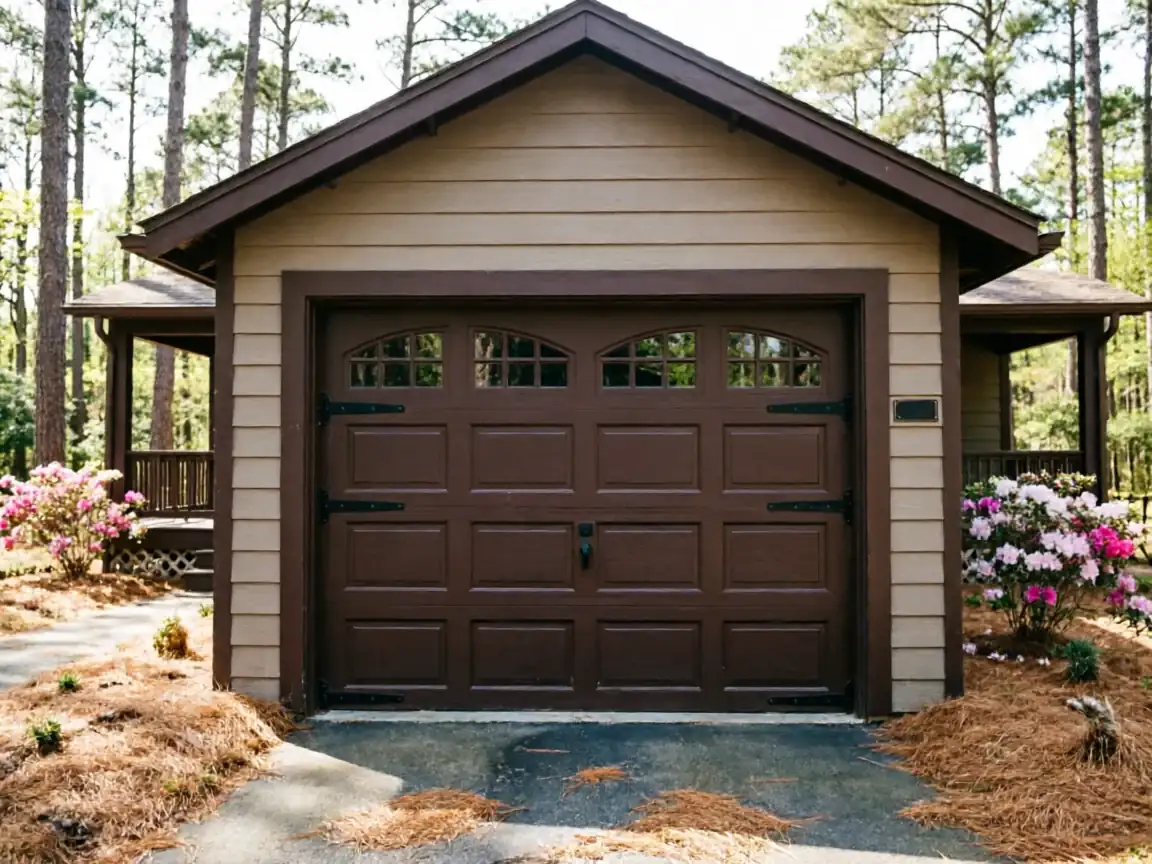 A brown garage door with windows is on a tan building surrounded by trees and flowers.