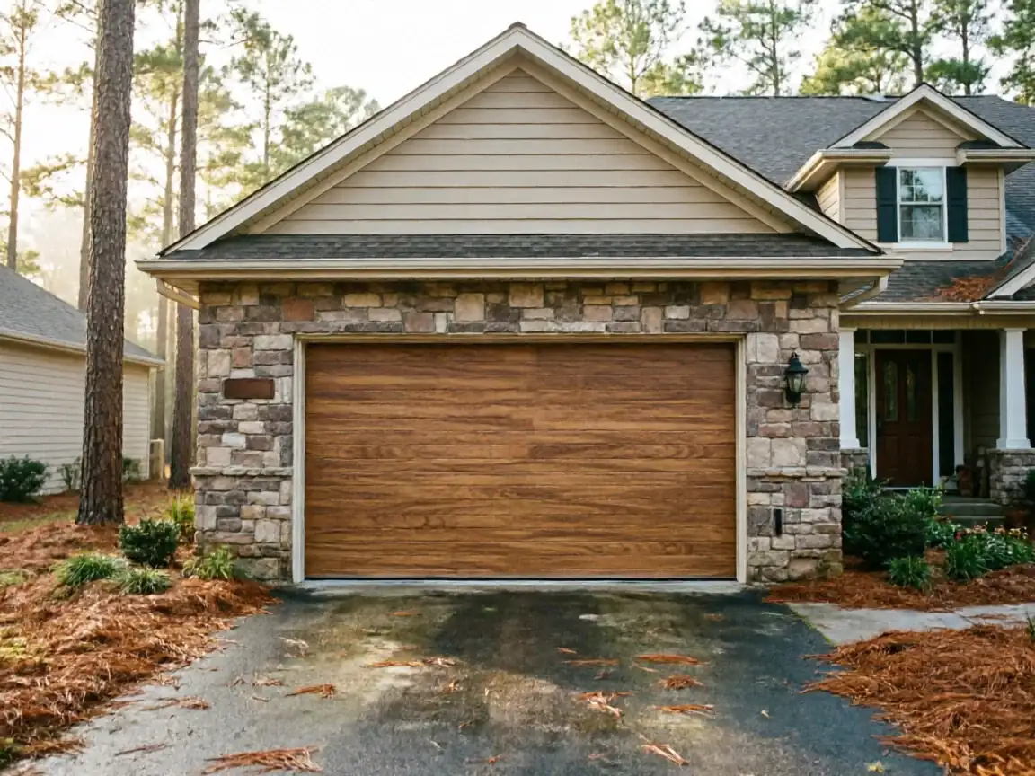 A modern house features a wood-look garage door and stone facade.