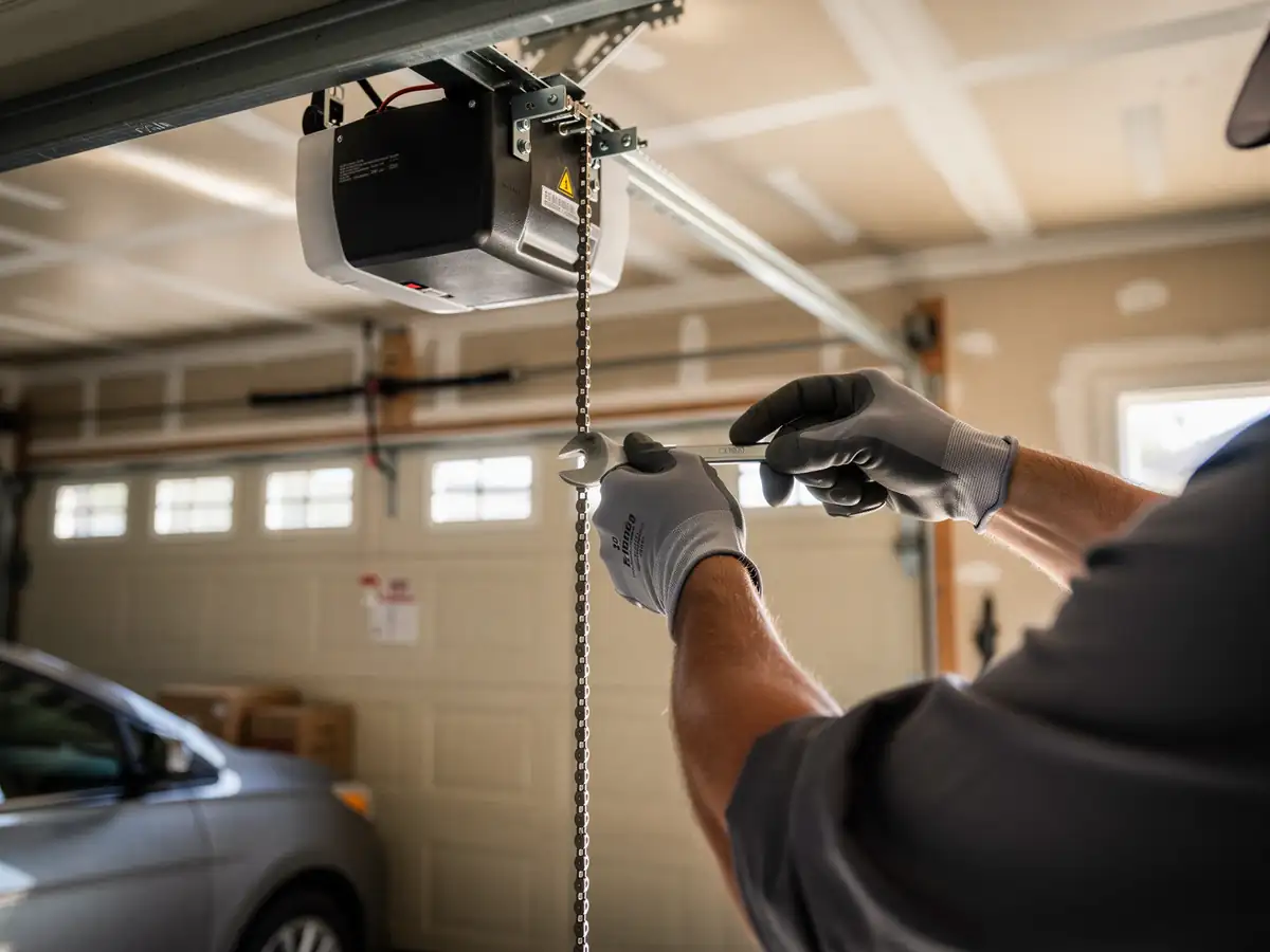 A technician in gray gloves holds a wrench near a garage door opener chain.